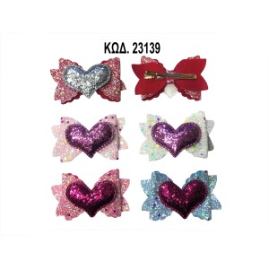 KIDS CLIP BOW HEART GLITTER HAIR PINS AND CLIPS